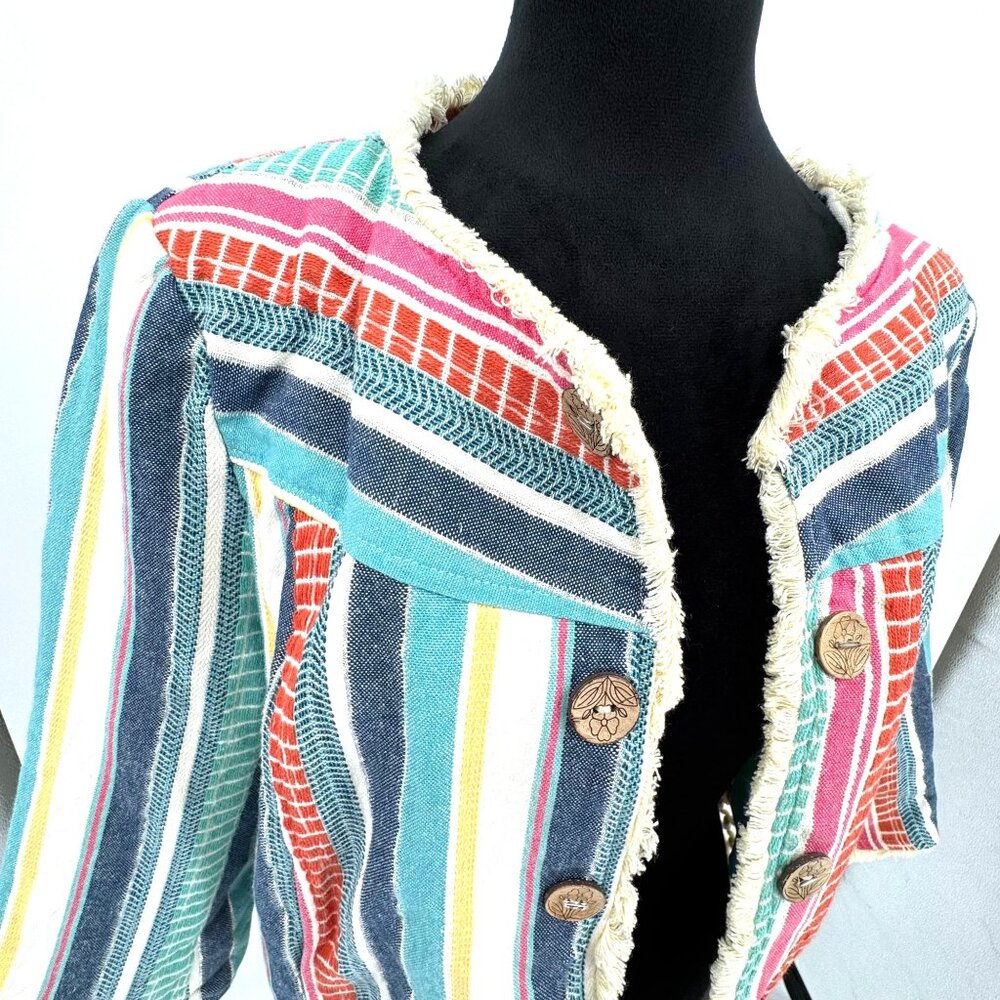 Multiples Striped Cotton Jacket Womens PL Patchwork Crochet Hem Wood‎ Buttons